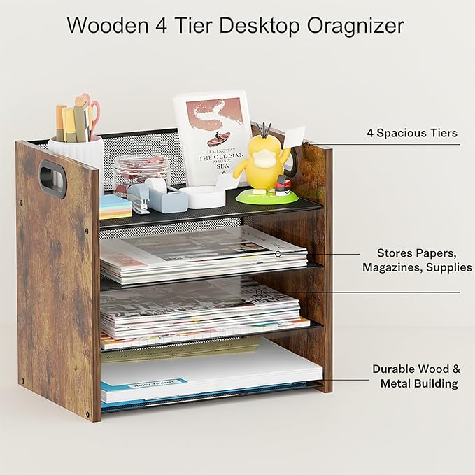 Wood Desk Organizer - 4-Tier Desktop File Organizer, Wooden Paper Organizer, Office Desk Organization for Accessories, Papers, Mail, Notebooks, Stationery