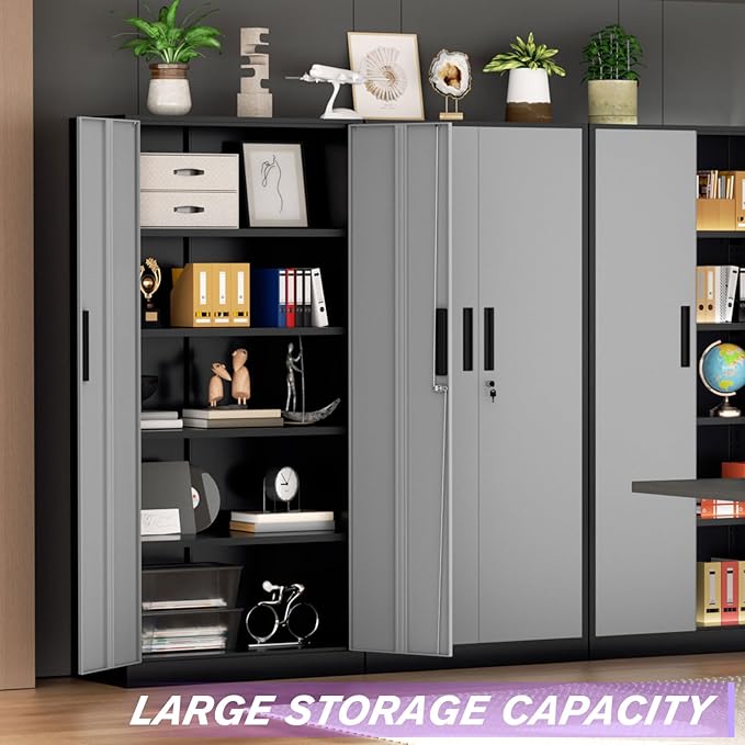 Superday Metal Storage Cabinets, 71" Storage Cabinet with Locking Door, Tall Garage Cabinet with 2 Doors and 4 Adjustable Shelves for Home Office, Classroom, Easy Assemble(Black Grey)