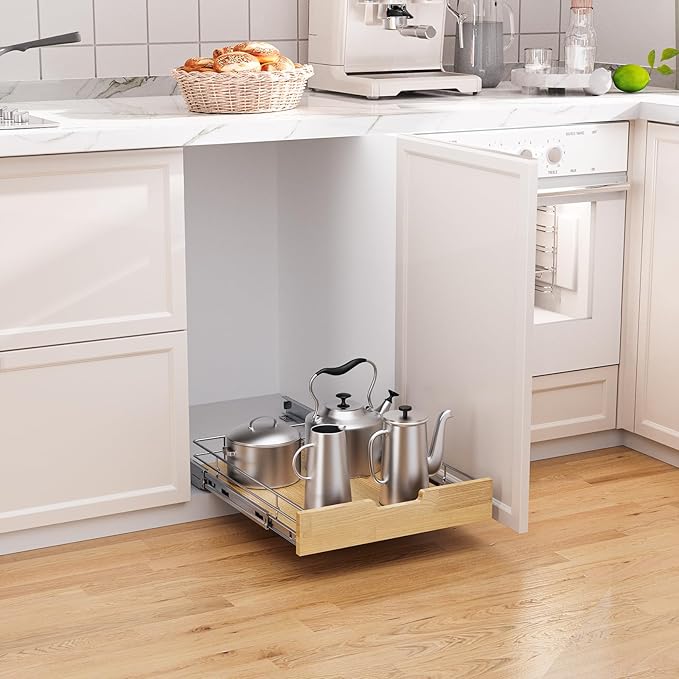 Sikarou Pull Out Cabinet Organizer,Heavy-Duty Slide Out Shelf, Wood And Wire Basket, Pull Out Drawer for for Kitchen Under Sink Space, Pantry, Bathroom (20 * 21 WM)