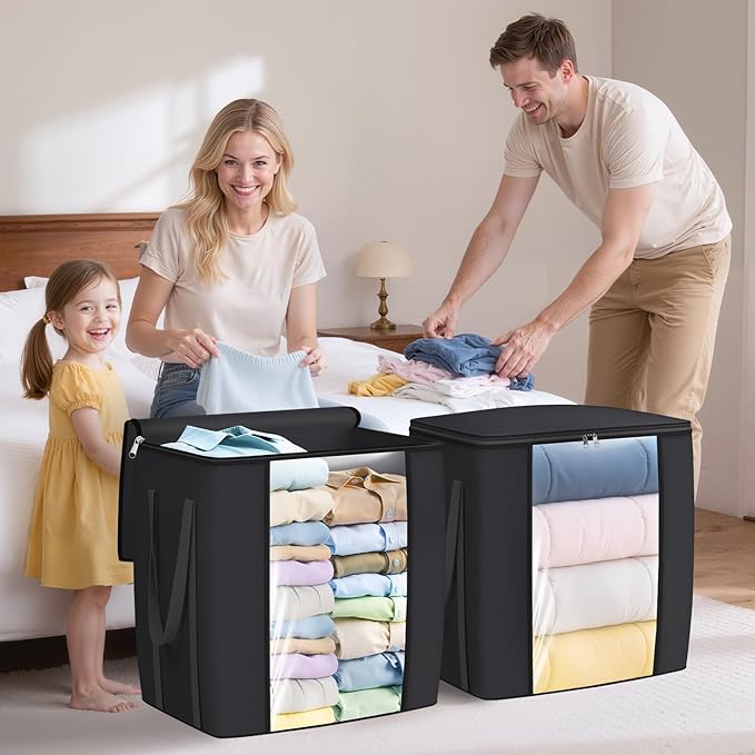 TasticTotes 120L Extra Large Clothes Storage Bags, Foldable Blanket Storage and Organization, Thick Fabric Containers with Reinforced Handles & Zippers for Clothing, Comforters, Bedding, Black, 4 Pack