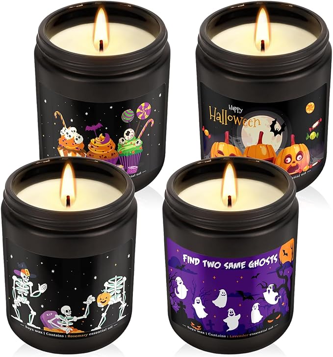 Halloween Scented Candles Set of 4 (7oz Each) – Spooky Aromatherapy Soy Wax Candles with Bat & Ghost Designs, Smokeless for All Saints' Day, Home Decor & Festive Gifts