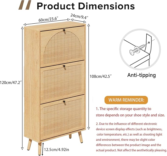 Fsbecl Shoe Storage Cabinet for Entryway with 3 Flip Drawers, Narrow Shoe Organizer with Fluted Panel, Freestanding Wood Hidden Shoe Cabinet for Hallway (Wood Color, 23.6''W, Double Layer)