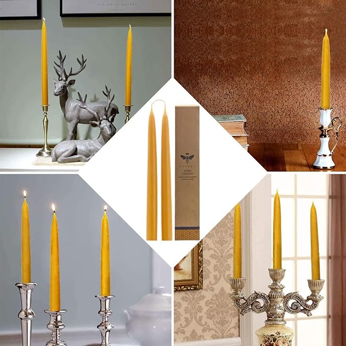 10'' Natural Beeswax Taper Candles Set of 6, DEYBBY Smokeless and Dripless Beeswax Candle, Long Lasting Burning, Non Toxic