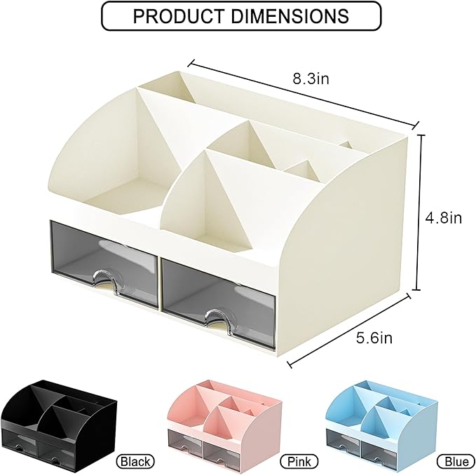 COMFYROOM Desk Organizer with 6 Compartments and 2 Drawers, Plastic Makeup Organizer, Pen Holder for Desktop Storage, Desk Organization for School, Home, Office Supplies (Ivory)