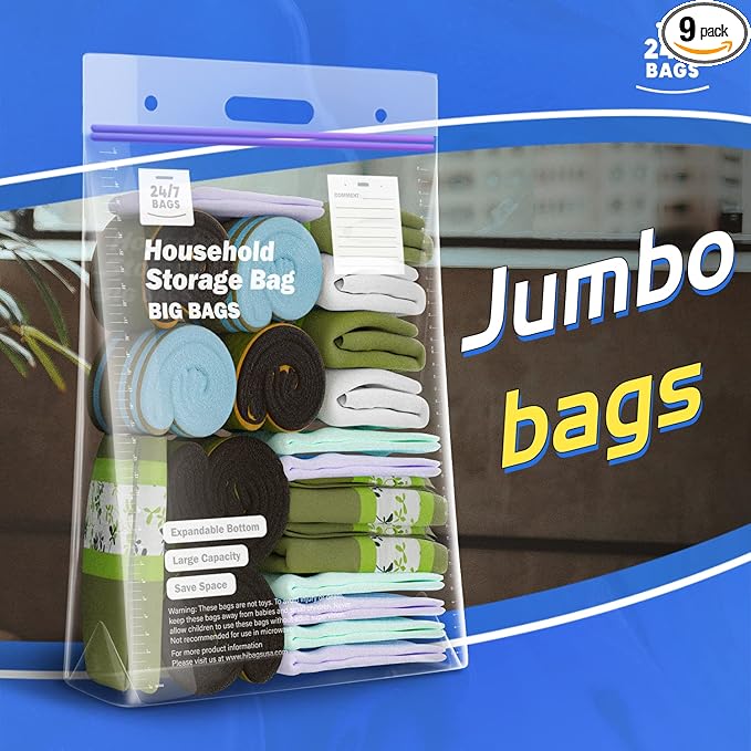 9 XXX-Large Plastic Storage Bags, 20 Gallons, Zero BPA, Double Zipper Seal, 3 Mils Thick, Double Layer Carry Handle, 24"x32"x7", Moving, Seasonal, Travel