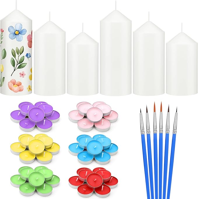 MTLEE 72 Pcs DIY Candle Painting Kit for Adults Include 6 Pcs White Pillar Candles 60 Colored Tealight Candles and 6 Paint Brushes for Spring Tea Party Crafts Wedding Birthday Party Favors