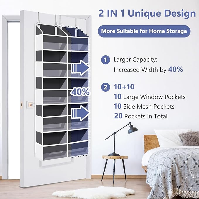 Heavy Duty Over The Door Organizer 5 Tiers, Extra Large Behind Door Storage of 10 Front & 10 Mesh Pockets, 80lb Weight Capacity, Hanging Doors Storage for Closet Bedroom Nursery, Dark Gray
