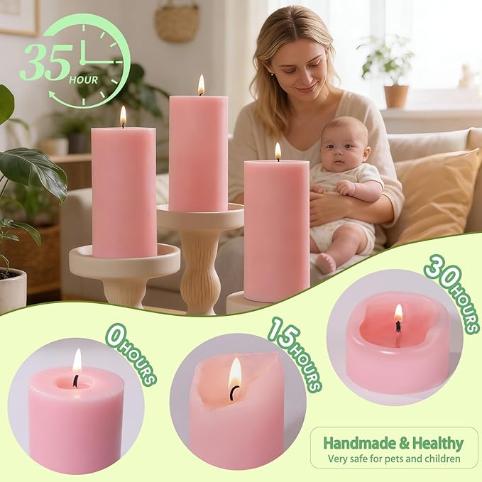 6 Pack Pink Soy Pillar Candles for Mother's Day, Handmade Baby Shower Candles Unscented Pillar Candle, 210 Hours Natural Soybean Candle for Wedding, Home, Party, Smokeless & Dripless-2x4in