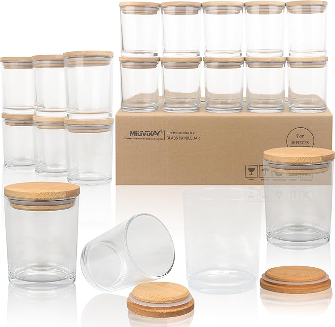 MILIVIXAY 20 Pack 7 OZ Clear Thick Glass Candle Jars with Lids - Bulk Empty Candle Jars for Making Candles - Spice, Powder Containers.