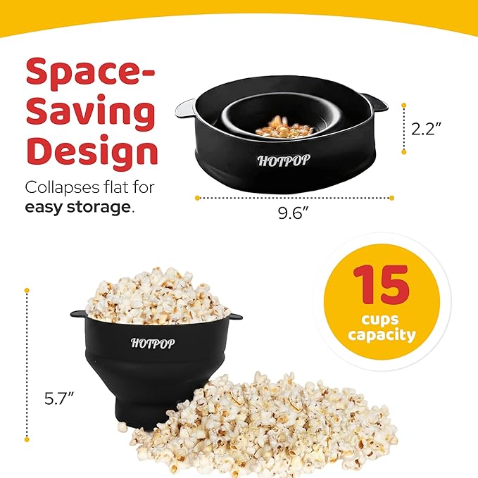 The Original Hotpop Microwave Popcorn Popper, Silicone Popcorn Maker, Collapsible Bowl BPA-Free and Dishwasher Safe- 20 Colors Available (Black)