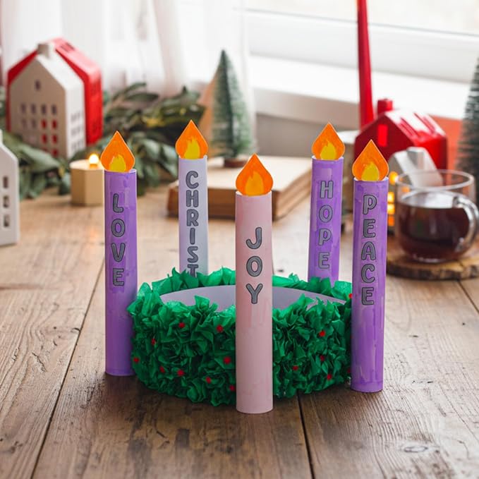Eaasty 24 Set Christmas Advent Wreath Craft Kits Stand up Advent Tissue Paper Wreath Craft with Christ Peace Joy Love Hope Candle Paper DIY Holly Leaves Tissue for Christmas Activities