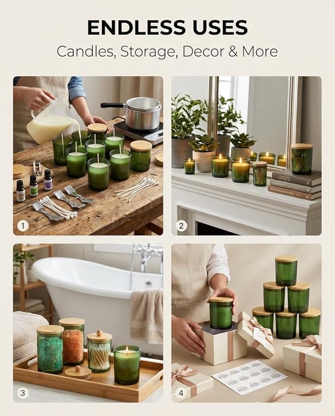GLATABAM 7 OZ Candle Jars 12 Pack - Bulk Glass Candle Making Jars with Bamboo Lids & Labels, Heat Resistant Empty Reusable Candle Vessel for Containers(Green)