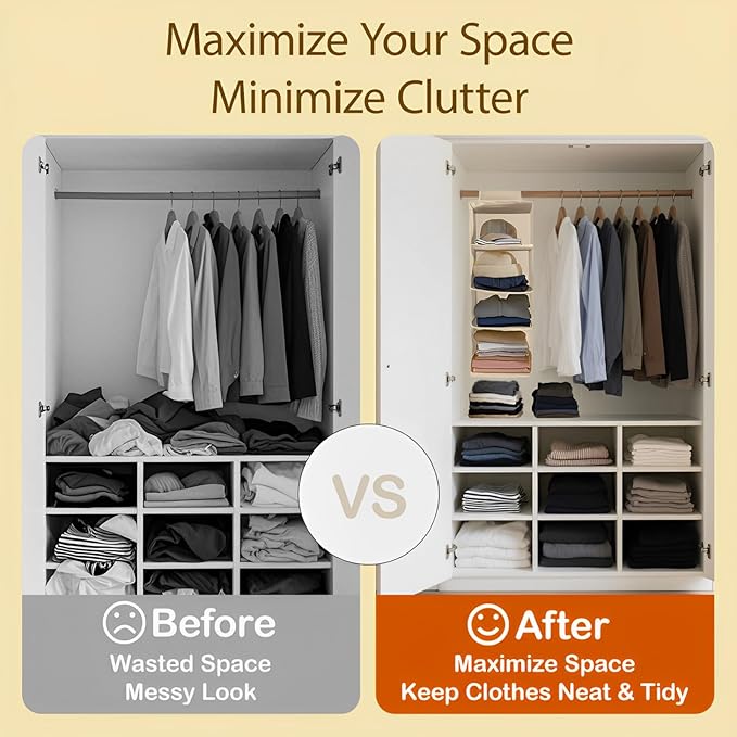 Hanging Closet Organizer 4 Tier Hanging Storage with Side Pocket, Foldable Hanging Shelves for Clothes, Laundry Room & RV Use