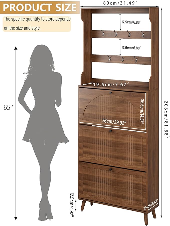 Fsbecl Shoe Cabinet for Entryway with 3 Flip Drawers & Coat Rack, Narrow Hidden Shoe Storage Cabinet with Fluted Panel, 2-in-1 Hall Tree Slim Freestanding Shoe Rack Organizer for Hallway, Walnut