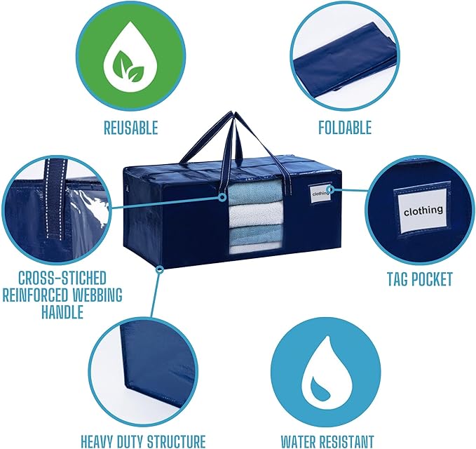 VENO 8 Pack Heavy Duty Moving Bags, Christmas Storage Bins with Lids, Transparent Window Design, Alternative to Moving Boxes, Storage Bags for Clothes, Blankets, Comforters, Pillows (Blue, 8 Pack)