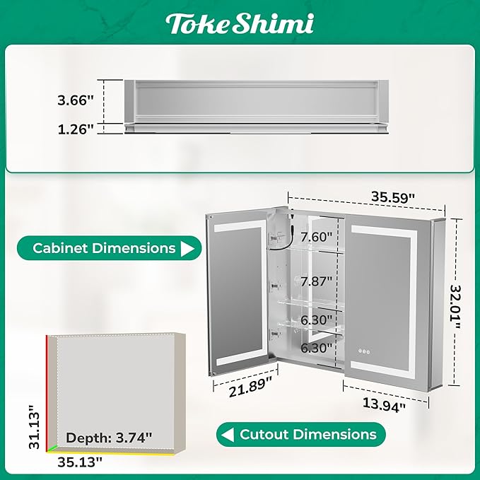 TokeShimi 36x32 Led Recessed Medicine Cabinet with Defogger, Anti-Fog Mirrored Medicine Cabinet with Light and Outlet, Frontlit 3 Colors Dimmable Mirror with Storage for Bathroom Modern