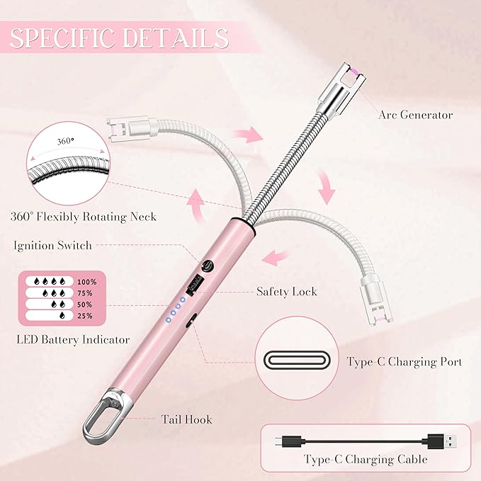 Electric Lighter, Candle Lighter Flameless Windproof with 360° Flexible Neck & LED Power Display, Type C Arc Rechargeable Lighters for BBQ, Camping, Cooking, Gift for Christmas, Thanksgiving, Birthday