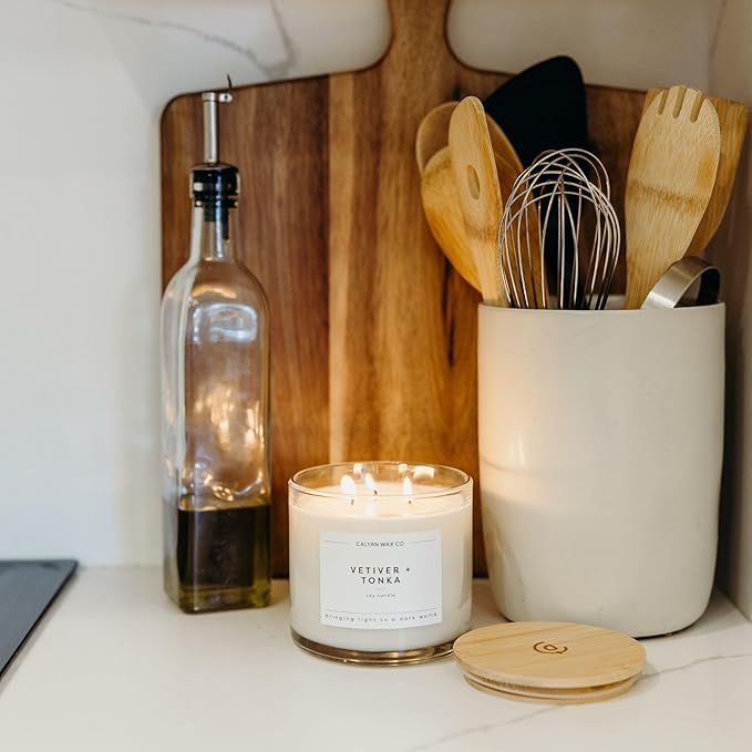 Calyan Wax Co. Vetiver & Tonka 3 Wick Scented Candle - 43 Hour Burn - Luxury 3 Wick Soy Candles - Non Toxic Soy Wax Candles - Long Lasting Large Glass Jar Candle for Home - 14.9oz