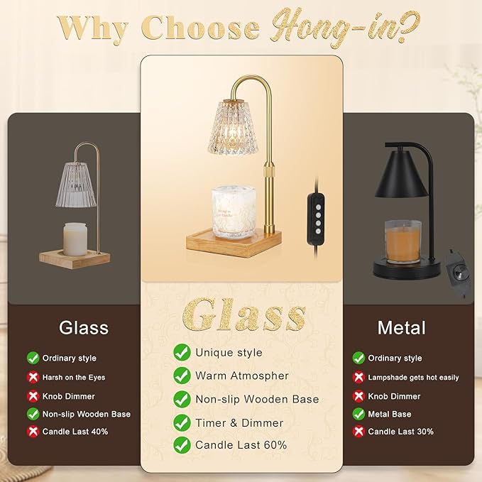 Hong-in Crystal Adjustable Height Candle Warmer Lamp with Timer Dimmer,Birthday Gifts for Women Mom Sister,House Warming Gifts New Home Room Decor,Vintage Wax Warmer for Scented Wax Jar Candles