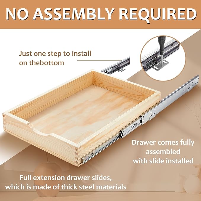 Menkxi 2 Set Wooden Pull out Cabinet Organizer Fully Assembled Slide out Pantry Drawer with Gentle Close Storage Shelf Tray for Base Kitchen Under Sink Bathroom Accessory(Wood Color,15'' X 21'' X 3'')