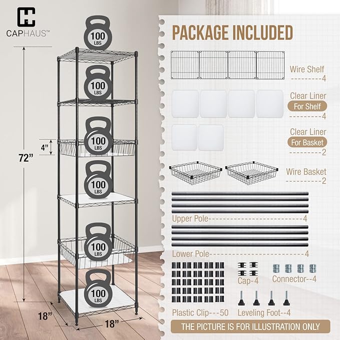 CAPHAUS NSF Adjustable 6 Tier Wire Shelving Unit w/Basket & Liner, Metal Storage Rack Corner Shelves, Storage Rack for Kitchen, Bathroom, Laundry Closet, Metal Wire Shelving w/Basket Shelves Black
