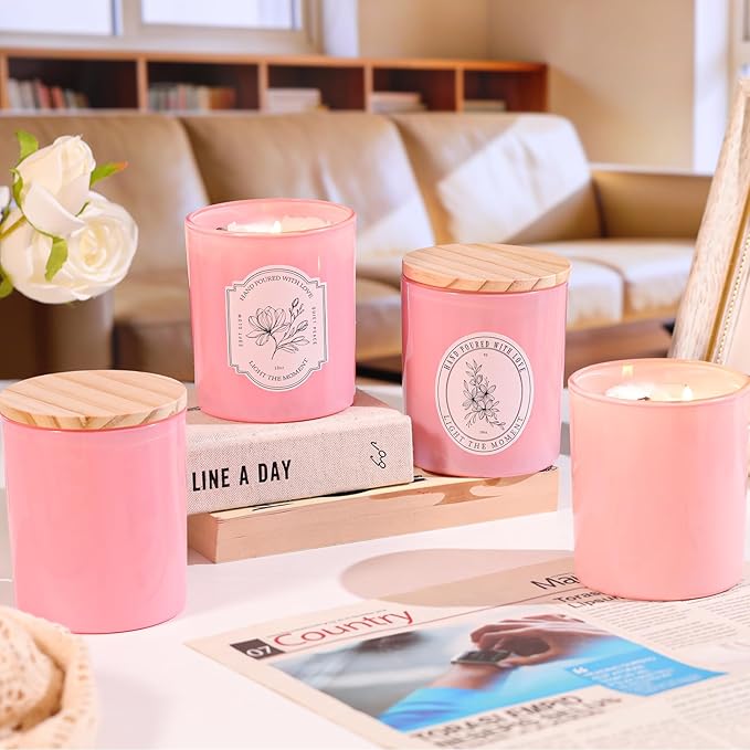 12Pcs Assorted Pink Glass Candle Jars with Wooden Lids for Making Candles, 10 OZ Empty Candle Jars with Labels and 100g Crystal Rocks, Candle Making Supplies Candle Containers for Home DIY & GIFTS