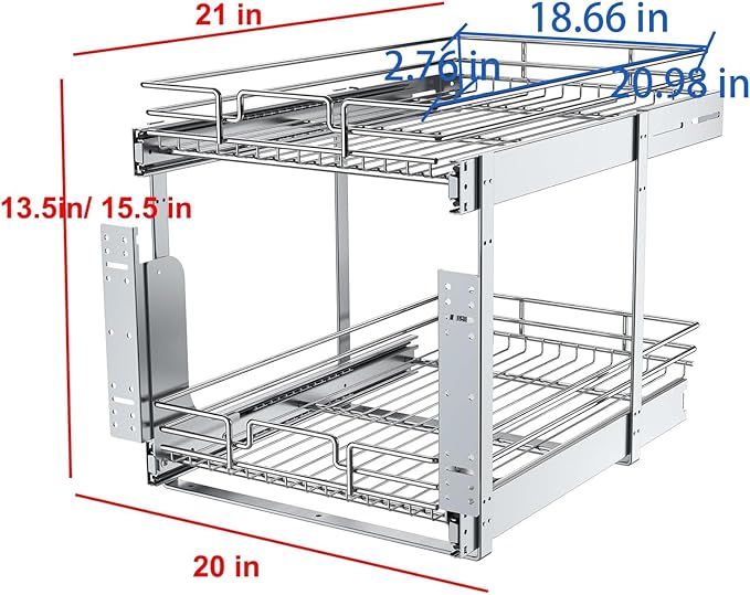 2 Tier Pull Out Cabinet Organizer, 20" W x 21" D Heavy-Duty Metal Sliding Drawer Shelf for Kitchen Cabinets, Chrome, Doesn't Include Door Fittings