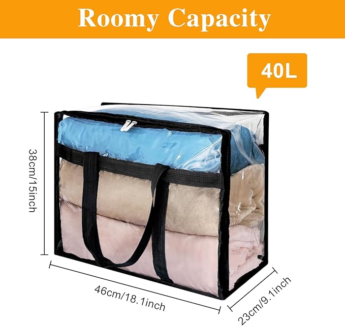 MEETOZ 4 Pack Clear Plastic Storage Bags, 40L Foldable Clothes Storage Boxes, Wardrobe Organizer Moving Bags with Reinforced Handle for Loft Wardrobe for Bedding Clothes
