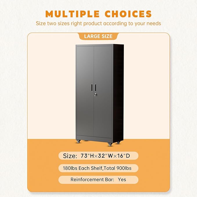 Greenvelly 73" Metal Storage Cabinet with Wheels, Lockable Rolling Metal Garage Cabinets with 2 Doors and 4 Adjustable Shelves, Rolling Tool Cabinet for Garage, Home Office, School
