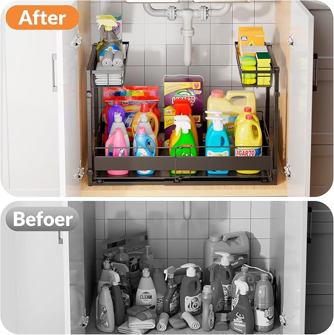 Expandable Under Sink Organizer with 5-Level Height Adjustment,2 Tier Under Sink Organizer Pull-Out Under Sink Drawers Cabinet Organizer for Kitchen & Bathroom Storage,Black,Large