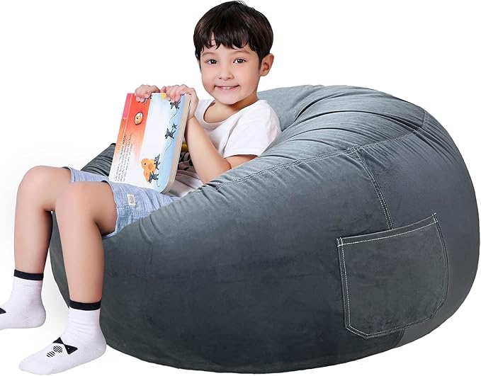 Lukeight Stuffed Animals Storage Bean Bag Chair Cover Only (Ships Empty, No Filling) - Velvet YKK Zipper Beanbag Cover for Kids and Big kids, Washable Plush Toy Organizer, X-Large 30" D x 18" H
