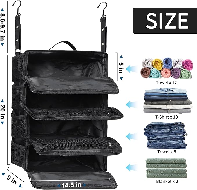 esouler Suitcase Organizer, Travel Luggage Organizer hanging packing cubes for travel，portable hanging travel shelves Collapsible closet organizer for Carry-on (Black, Medium)