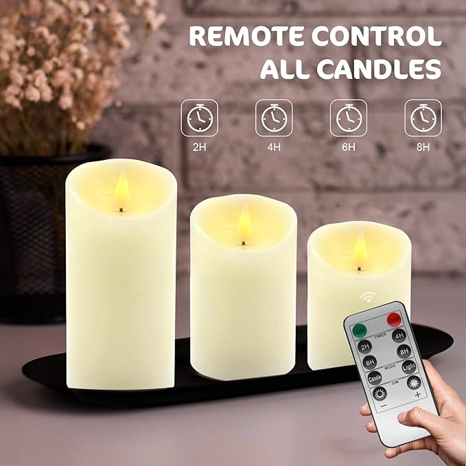 ALED LIGHT Real Wax Rechargeable Candles Flickering Realistic,Warm White Flameless Candles Rechargeable with Remote for Home Decor Idea Gift，Pack 3(D 3”X H 4”5”6”)