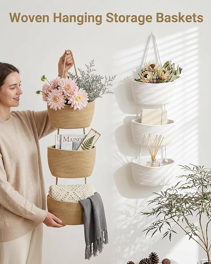 Over the Door Hanging Basket 3 Tier Woven Cotton Wall Mounted Storage Bag Boho Cottage Jute Baskets Kitchen Produce Organizer Vegetable Hang Wicker Closet Bathroom Decor Organizing Shelf(Brown)