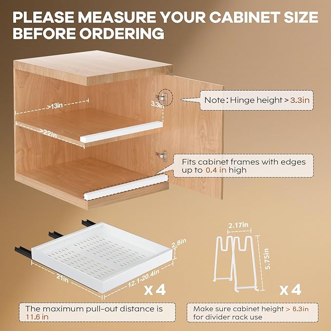 Seinloes 4 Pack Pull out Cabinet Organizer 21"Deep with Raising Pad for Framed Cabinets, Expandable Slide out Drawers for Kitchen Cabinets with 4pcs Divider Racks, Roll out Shelves 12.1"-20.4" W White