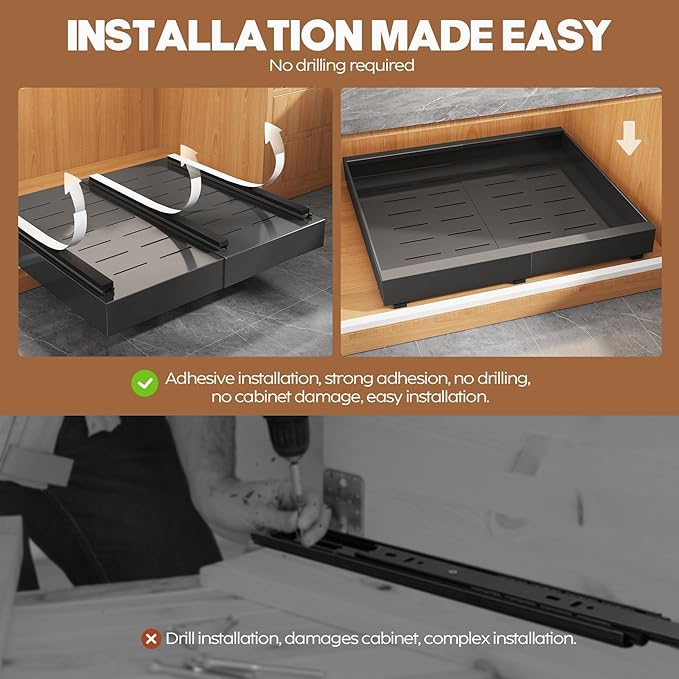 2 Pack Expandable (15.1"-26.3") Pull Out Cabinet Organizer 21" Deep With Raising Pad for Framed Cabinets,Upgrade 3 Slide Rails Slide Out Drawers,No Drill Roll Out Shelves Adhesive,Black