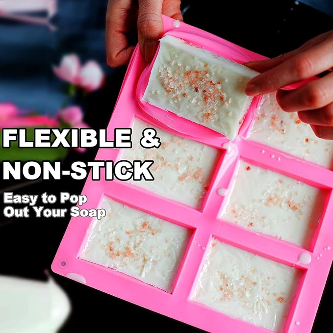 LERYKIN 2 Pack Silicone Soap Molds, 6 Cavities Rectangle Silicone Soap Molds, Great for Homemade Craft Soap Mold, Chocolate Mold, Cake Mold ＆ Ice Cube Tray - Just Pop Out（Pink）