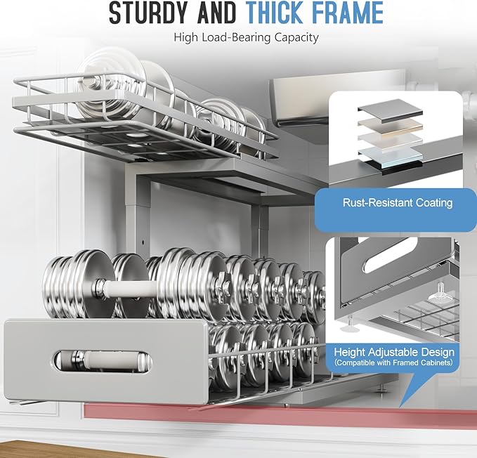 Under Sink Organizer Upgrade To Professional Rails,2-Tier Dual Pull Out Cabinet Storage,Height Adjustable Slide Out Drawers For Bathroom Kitchen,1 Pack-18.5"Dx12.8"-16.9"H,Gun Gray