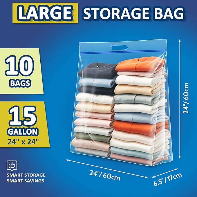 15 Gallon Large Resealable Storage Bags with Zipper Top，24" x 24" Heavy Duty Clear Bags with Handles, 4 Mil Thick, Perfect for Clothing, Pillows, Travel, and Moving (10 Packs)