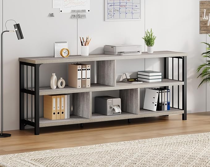 IBF Grey Bookshelf, Industrial 63” Long Open Book Shelf, Wide 5 Cube Gray Horizontal Bookcase for Home Bedroom, 3 Tier Wood Metal Low Cubby Storage Organizer Shelf for Living Room, Light Grey Oak