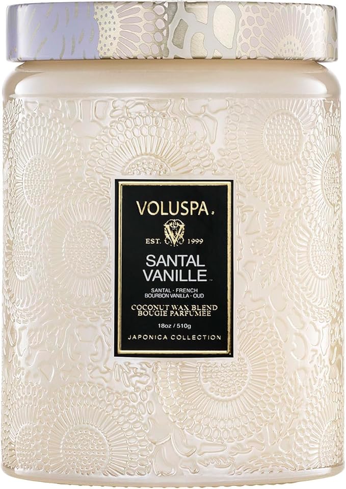 Voluspa Santal Vanille Candle, 18 oz, Coconut Wax Blend, Scented Candles for Home, 100 Hour Burn Time, Candle Jars