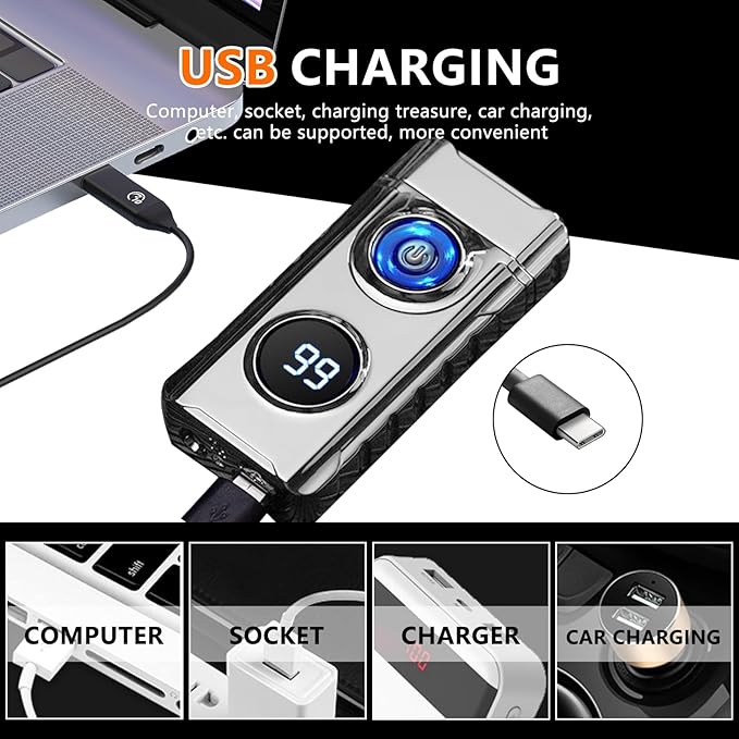 SKRFIRE Plasma Rechargeable Electric Lighter for Candle - Arc Type C Electronic Torch, Windproof Portable Metal With LED Power Display for Camping, Hiking, BBQ (Silvery)