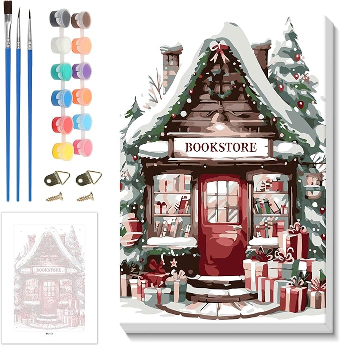 Skyboda Bookstore Paint by Numbers Kit for Adults Beginners with Frame, Christmas Adult Paint by Number Kits on Canvas, Easy DIY Oil Painting Kits for Home Decor, 8x12in