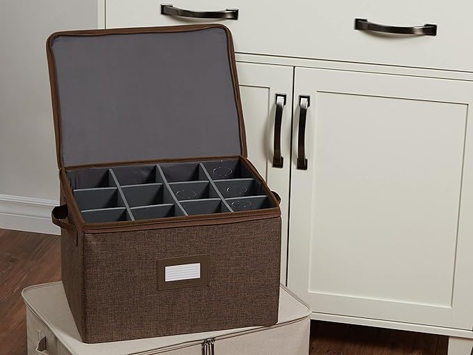 Covermates Keepsakes China Cups and Coffee Mugs Storage Box Stackable, Reinforced Handles, China Storage, Brown Heather