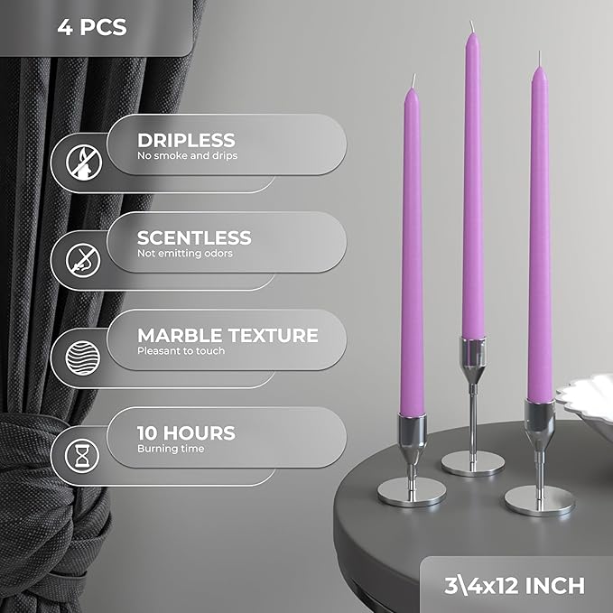 CANDWAX 12 inch Lilac Taper Candles Pack of 4 - Unscented Smokeless Dripless Candlesticks - Perfect as Easter Candles and for Special Occasions, Ordinary Dinners, Holidays - Lavender Candle Sticks