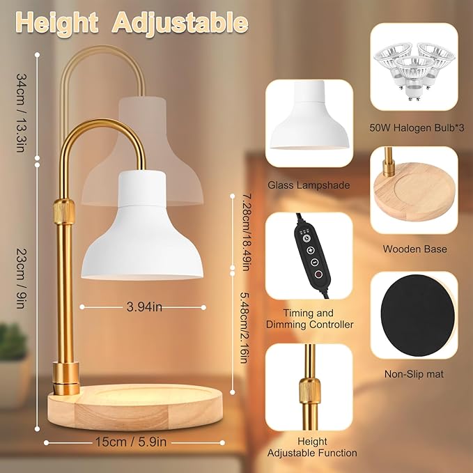 Candle Warmer Lamp with Timer & 3 Bulbs, Dimmable Electric CandleLight Adjustable Height and Brightness Candle Wax Warmer for Jar Candles Bedroom Home Decor House Warming Gift for Women (White)