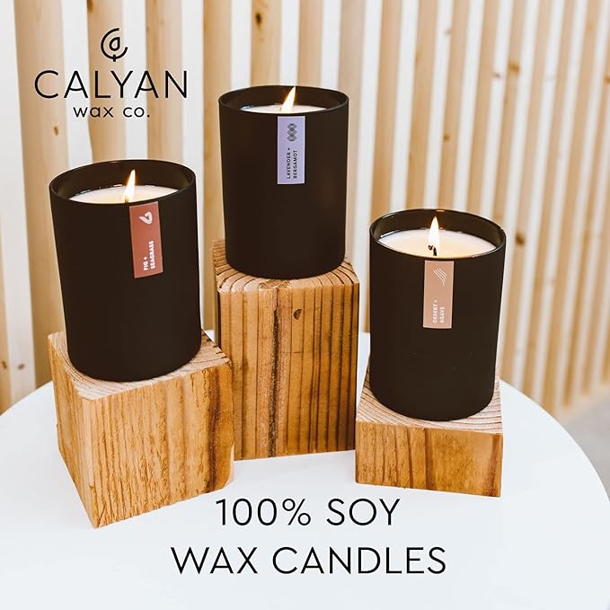 Calyan Wax Co. Musk & Teakwood Scented Candle - 75 Hour Burn - Luxury Non Toxic Soy Wax Candles - Long Lasting Black Tumbler Jar Candle for Home - 10.2oz