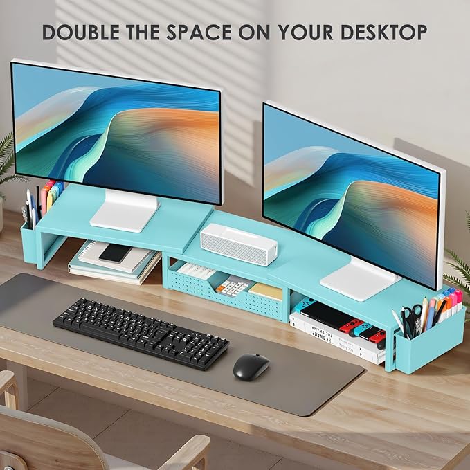 OPNICE Desk Organizers and Accessories, Dual Monitor Stand Riser with Drawer and 2 Pen Holders, Desk Shelf Metal Computer Monitor Stand for Office Workspace Organizers, Desktop Organization (Blue Metal)