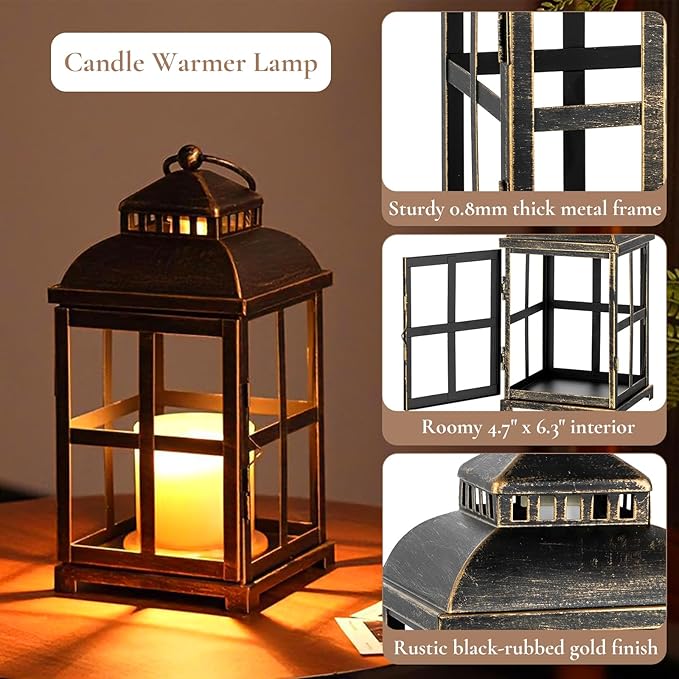 Candle Warmer Lamp with Timer: 11" Farmhouse Large Candle Warmer Lantern for 3 Wick Jar Candles Black Rustic Home Decor Electric Dimmable Wax Melter