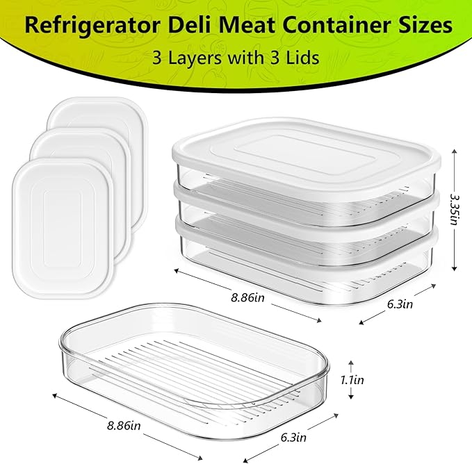 Refrigerator organizers and storage,deli Meat Container for Fridge,Stackable Food Storage Boxes with Lid for Cold Cuts,Bacon Lunch Meat Container for Refrigerator,3PCS,BPA Free